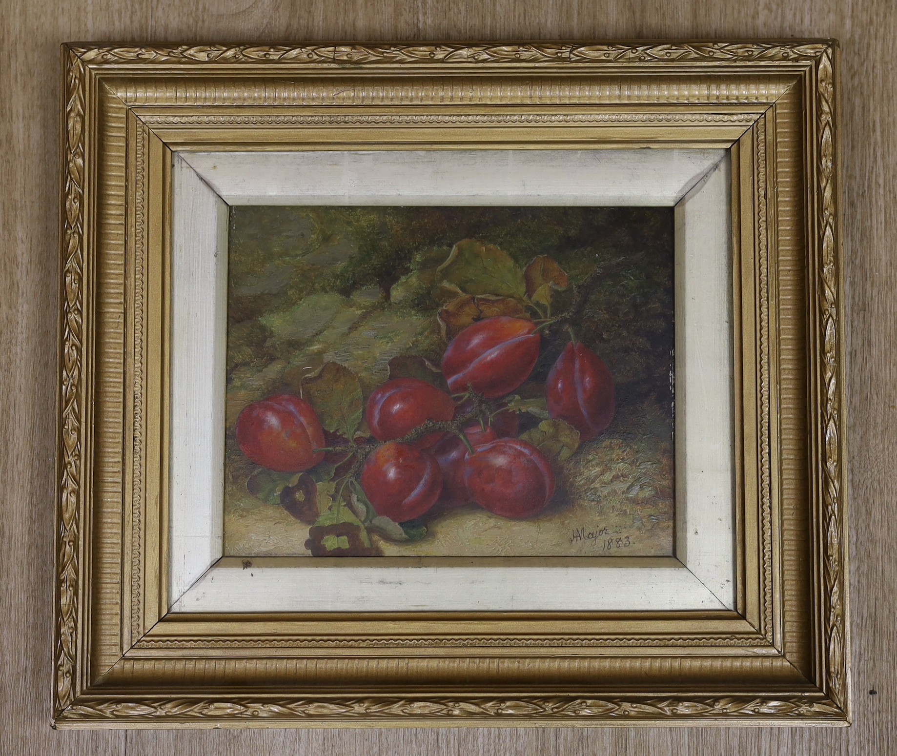 J.H. Major (19th C.), oil on board, Still life of plums, signed and dated 1883, 20 x 24cm